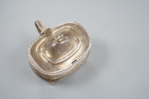 A George III silver mustard by William Bateman, London, 1816, marks rubbed, length 90mm.